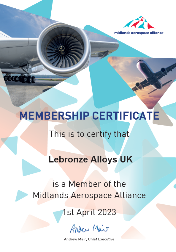 Lebronze alloys Midlands Aerospace Alliance member ship certificate